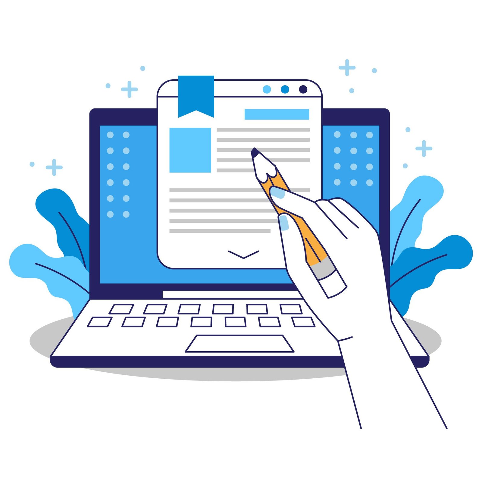 Content Writing on a paper and a blue screen laptop illustration