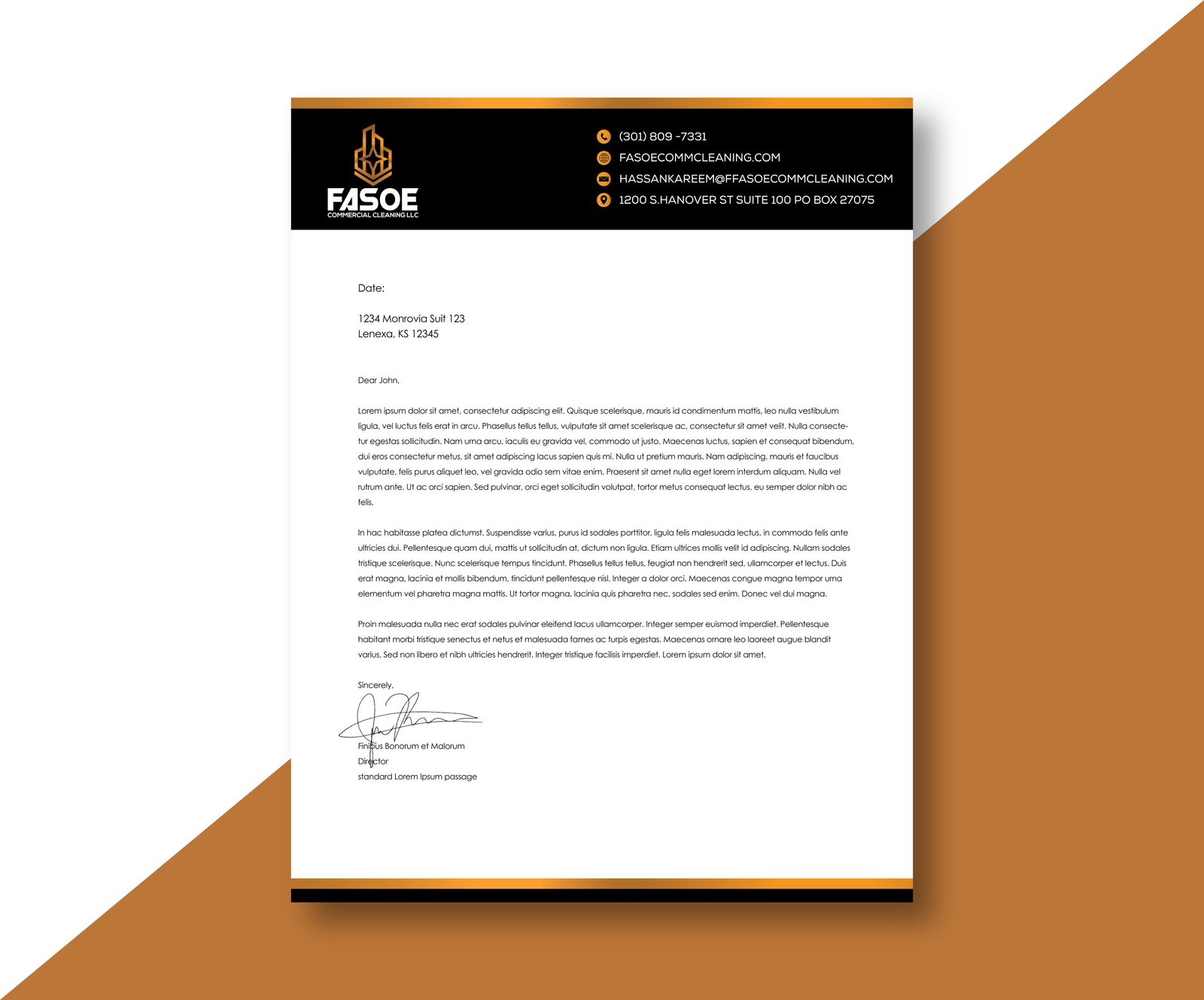 Fasoe Company Letterhead with a brown and white cutting background