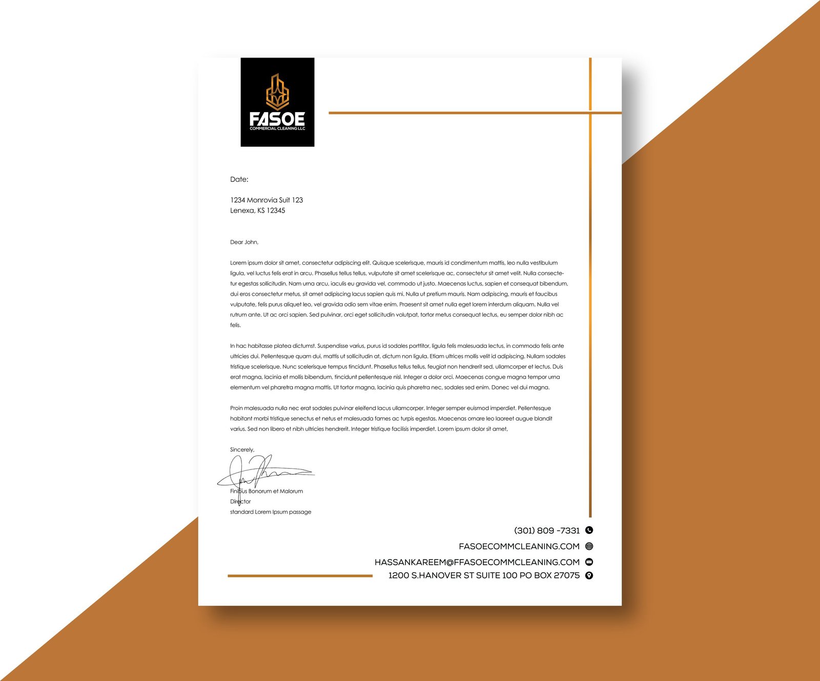 Fasoe Company Letterhead with a brown and white cutting background