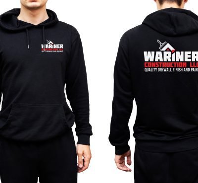 Merchandise design on black hoodies front and back prints