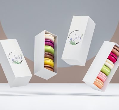 Product packaging design of biscuit boxes floating in air