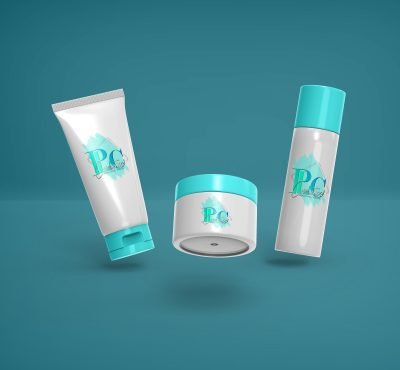 product packaging design of a bottle, cream box, and a face wash with a grey zinc tone background