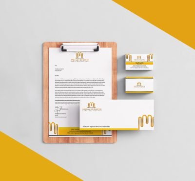 Minimal Stationery Design with yellow white background and application form with clipboard and other branding things