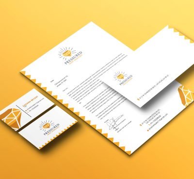 showcasing Stationary design of a brand logo with yellow background