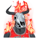 A cow skull with horns and on fire character